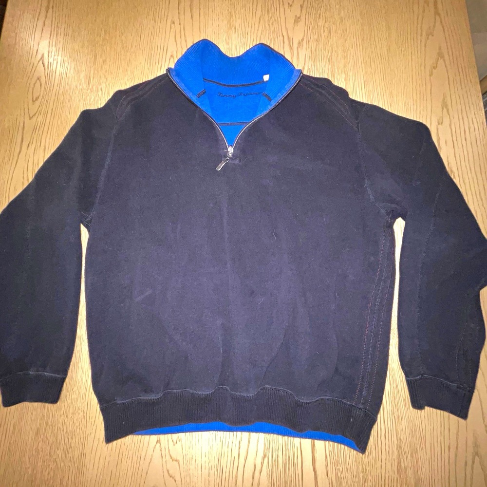 Tommy Bahama Men’s L Flipsider Reversible Half Zip Pullover Navy Blue Cotton